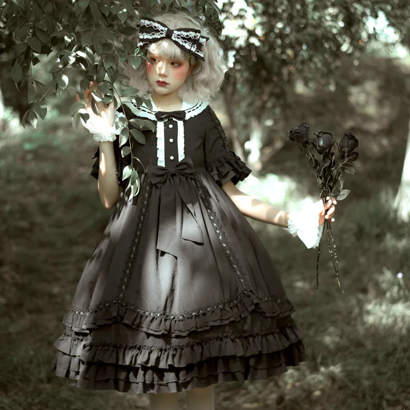 

Gothic Black Lolita One Piece Dresses Girls Kawaii Miads Princess Sweet Women Dress Japanese Harajuku Cute Cosplay Costume Dress