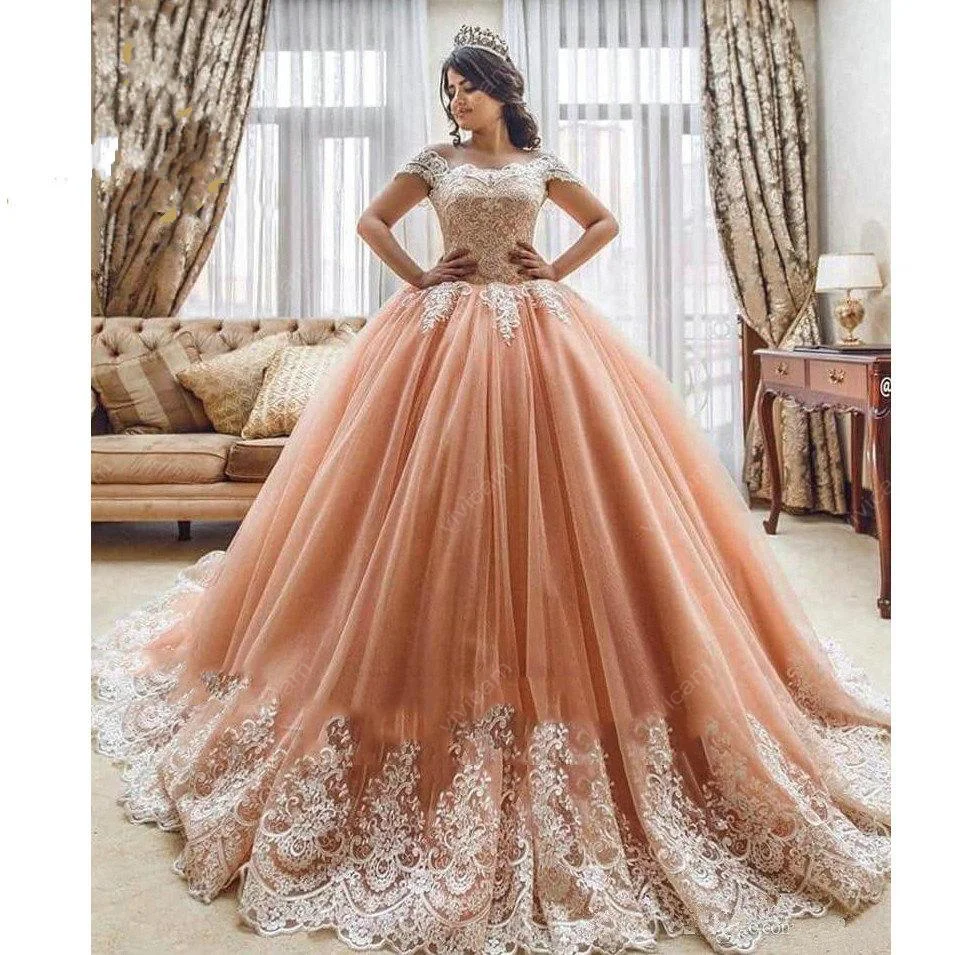 

Beauty Off the Shoulder White Lace Appliques Ballgown Wedding Dresses Vestidos Para Noiva Chapel Train Blush Pink Bridal Gowns