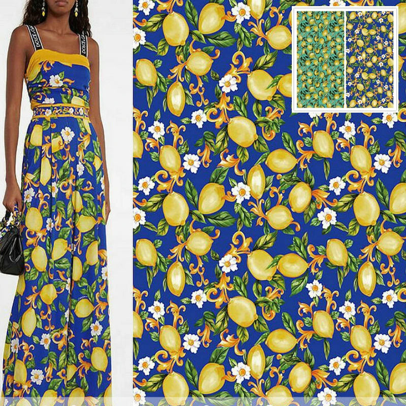Lemon Print Polyester Stretch Satin Fabric Brand Fashion Design Soft Draped Fabrics Cloth for