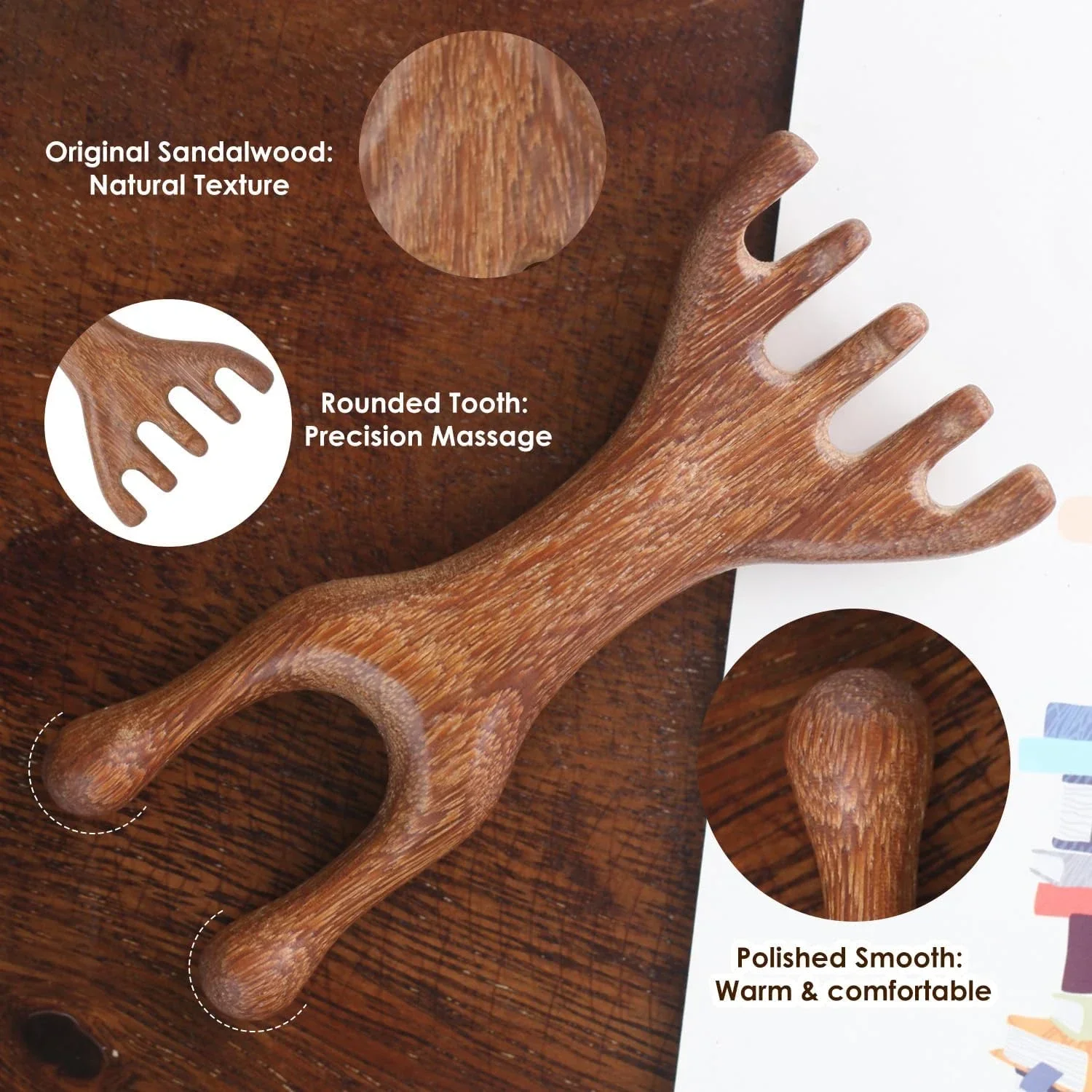Natural Sandalwood Five-Claw Scalp Massager Gua Sha Tool Back Scratcher Spa Handheld Meridian Massage Comb Hair Care
