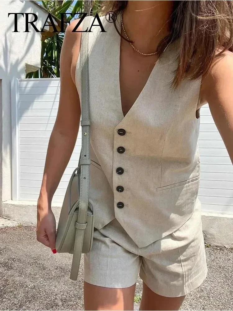 TRAFZA Women Pant Sets Vintage Solid Single Breasted V Neck Waistcoat Tops + Slim Zipper Fly Shorts Summer Office Lady Suit TRAF