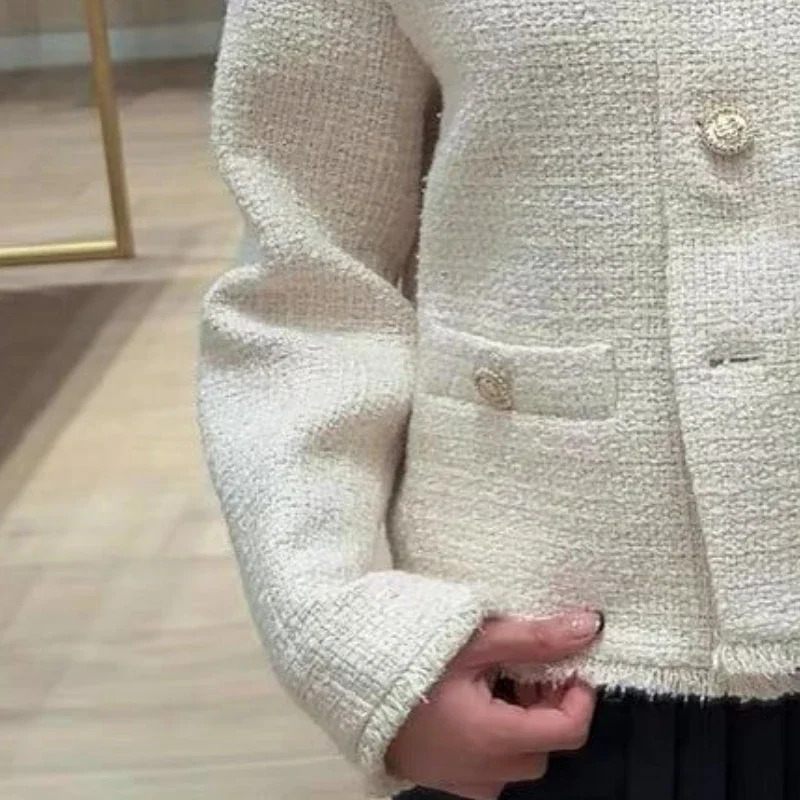 

Autumn New Women Solid Color Tweed Metal Buckle Fringed Short Jacket