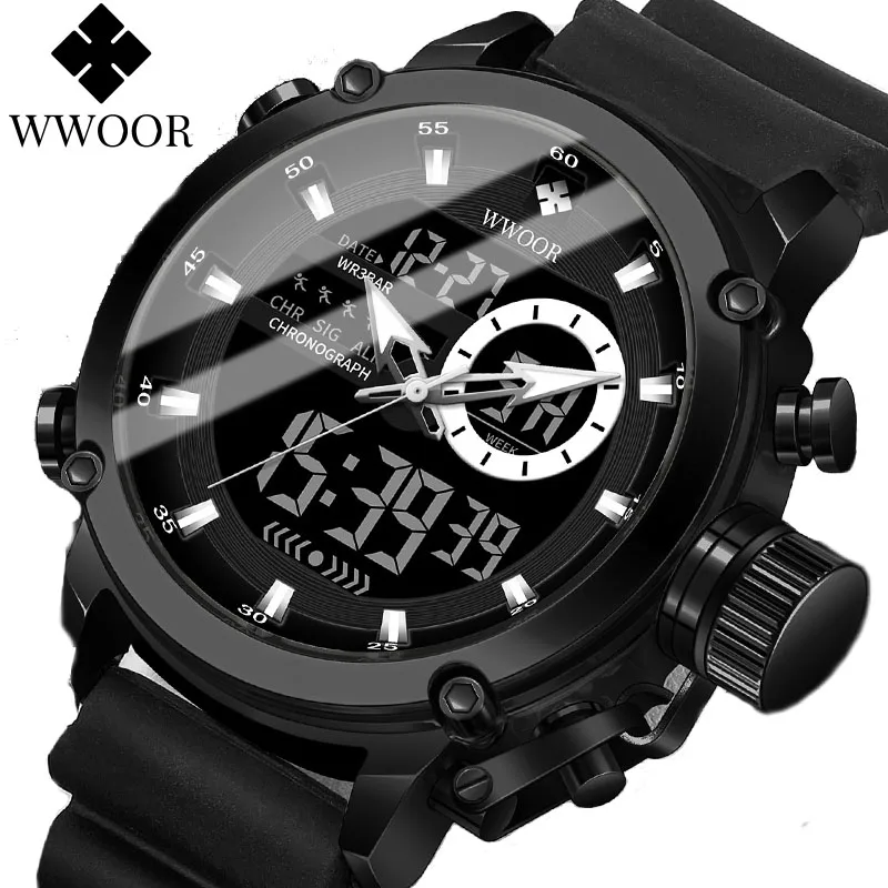 WWOOR New Watches For Men Luxury Black Digital Mens Wristwatch Military Sports Quartz Male Watch Silicone Strap Waterproof Clock white knitted jumpers sweater men korea clothing casual jackets male pullover kint wear designer autumn 2022 red black white