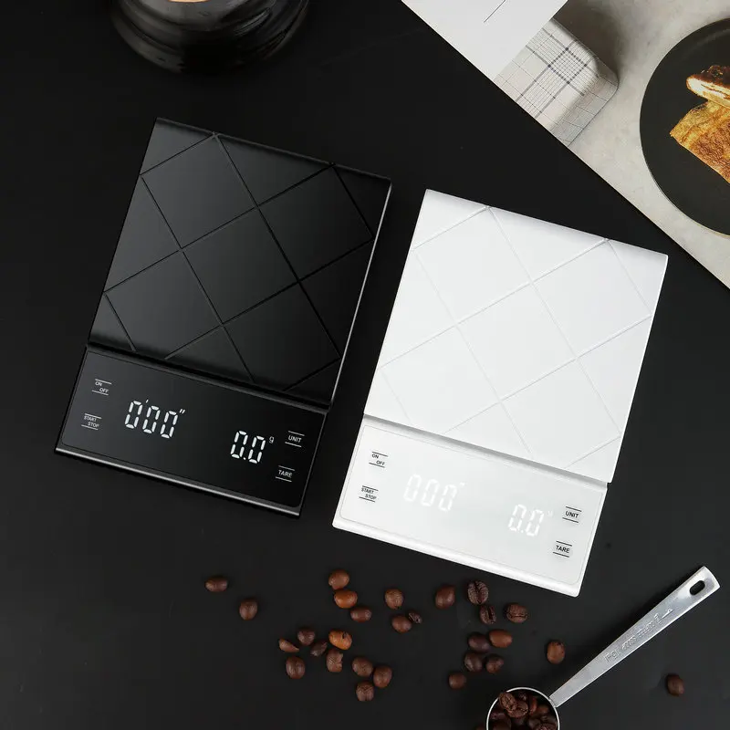 커피저울, 타이머 기능, 디지털 디스플레이, 최대 계량 3kg, 정확도 0.1g 식품 주방저울 그램 중량 소형 저울