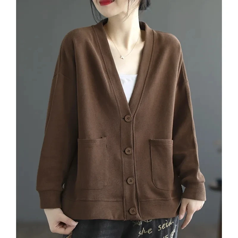 

Yasuk Autumn Winter Retro Casual T-Shirts Women's Loose Button Cardigan Pocket Retro Cotton Solid Simple Chinese Style Female