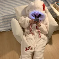 Sweet and Cute Bow Rabbit One-piece Pajamas Women's Winter New Fleece Thickened Coral Fleece Large Size Loungewear Sleepwear - Image 3