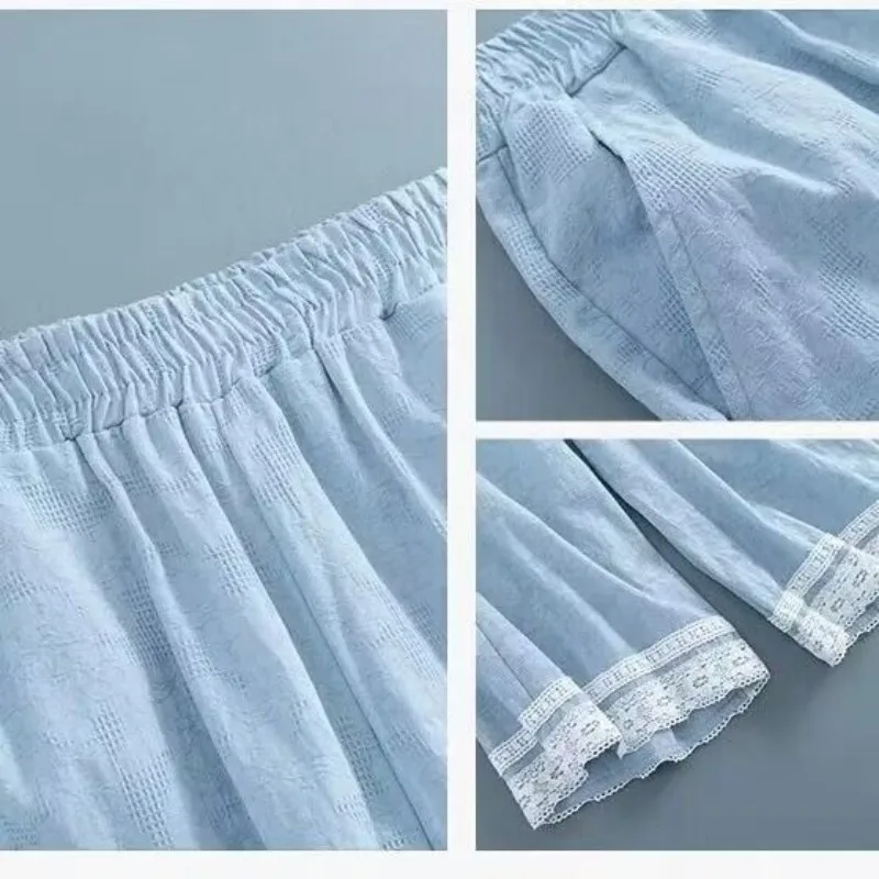 Women's Spring Autumn High Waist Pocket Cotton Linen Wide Leg Loose Retro Spliced Lace Hook Flower Hollow All-match Casual Pants