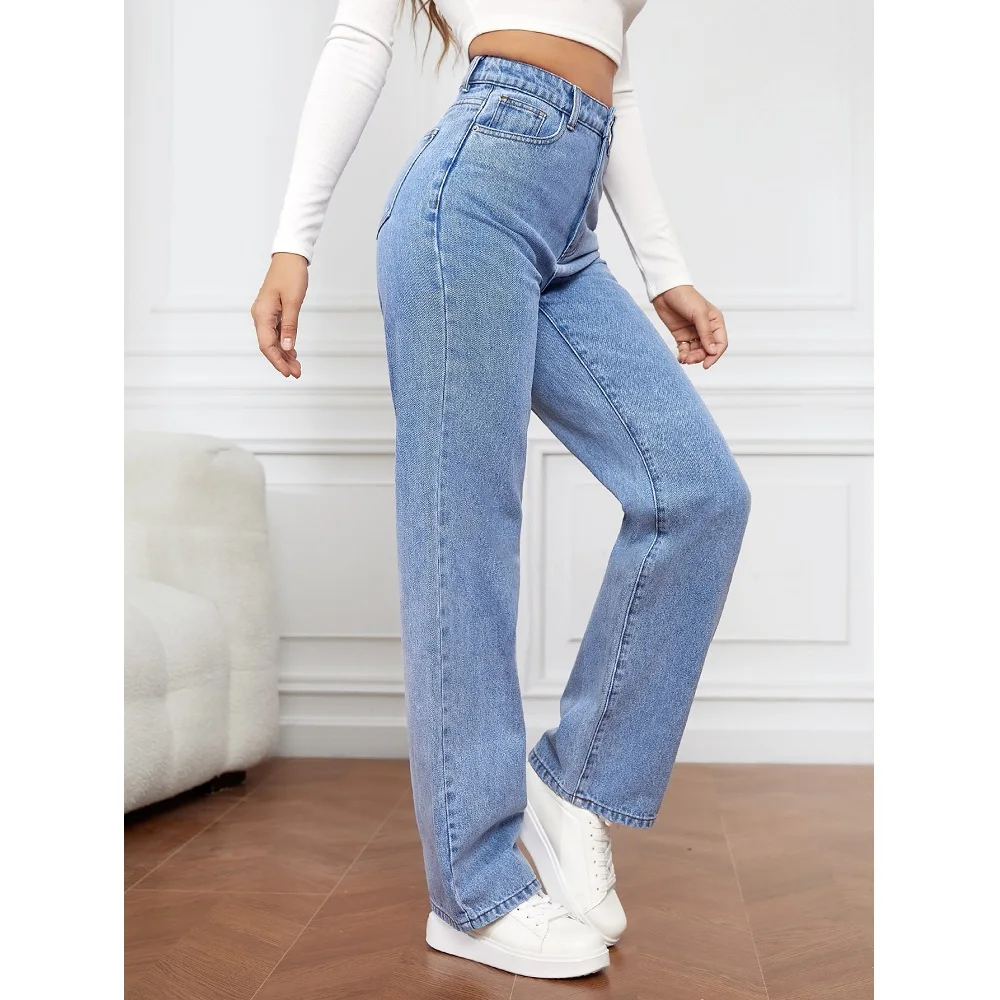 Women Denim Jeans Solid Stretch Straight Pants Ladies Casual Long Jean Trousers