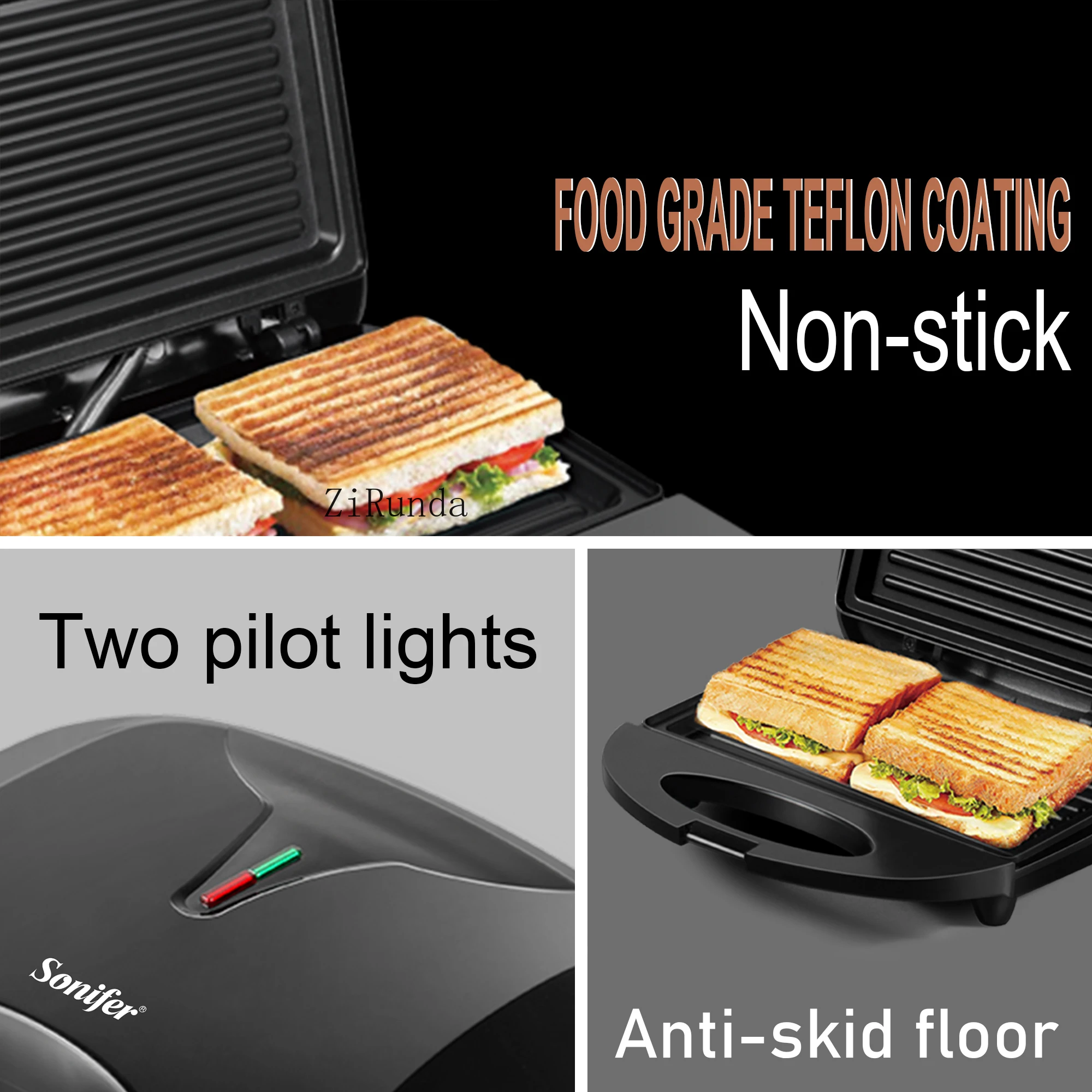 r-sandwichera 750W electric sandwich maker, waffle making machine, non-stick foam pan, kitchen appliances for 4
