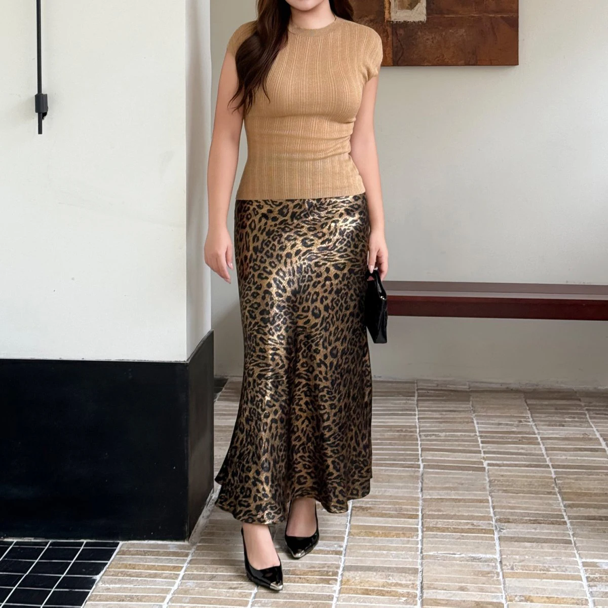 Fashion Plus Size Women's Mermaid Skrts Premium Lustrous Leopard Print Vitage Diagonal Cut Long Fishtail Skirt 9308