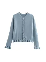 Women's Ruffled Knit Cardigan Sweater O-Neck Long Sleeve Chic Top with Front Buttons Fashion Outerwear - Image 4