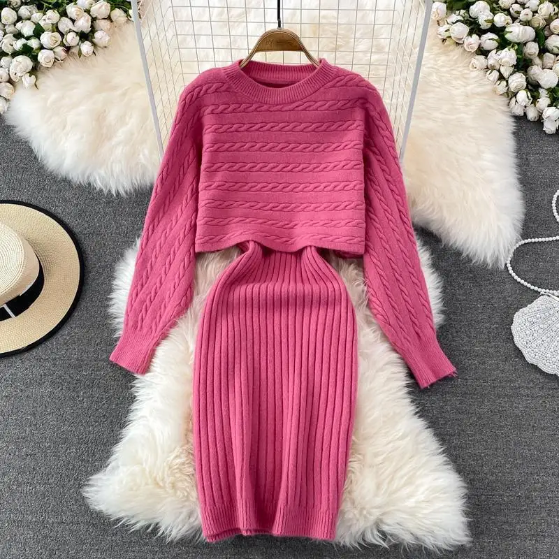 Two-piece Dress Women 2024 Spring and Autumn Loose Round Neck Short Knit Top & Casual Camisole Vest Skirt Slim Fit Long Dress