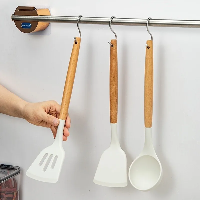 3Pcs Kitchen Silicone Pot Spoon Spatula with Wooden Handle Non-stick Kitchenware Utensils