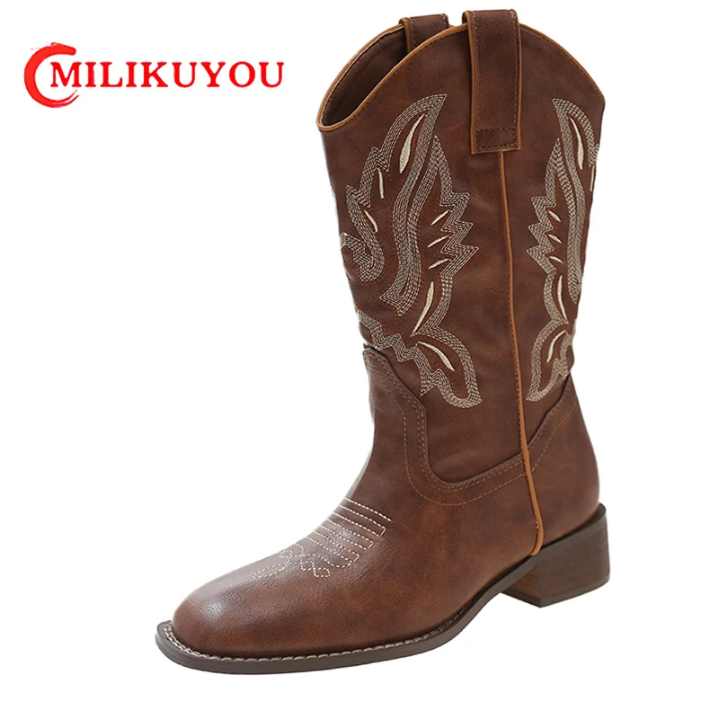 

Women Boots Winter Chelsea Boots Lady Square Heel Embroidered Knight Boots V-neck Cowboy Shoe Female Elegant Motorcycle Footwear