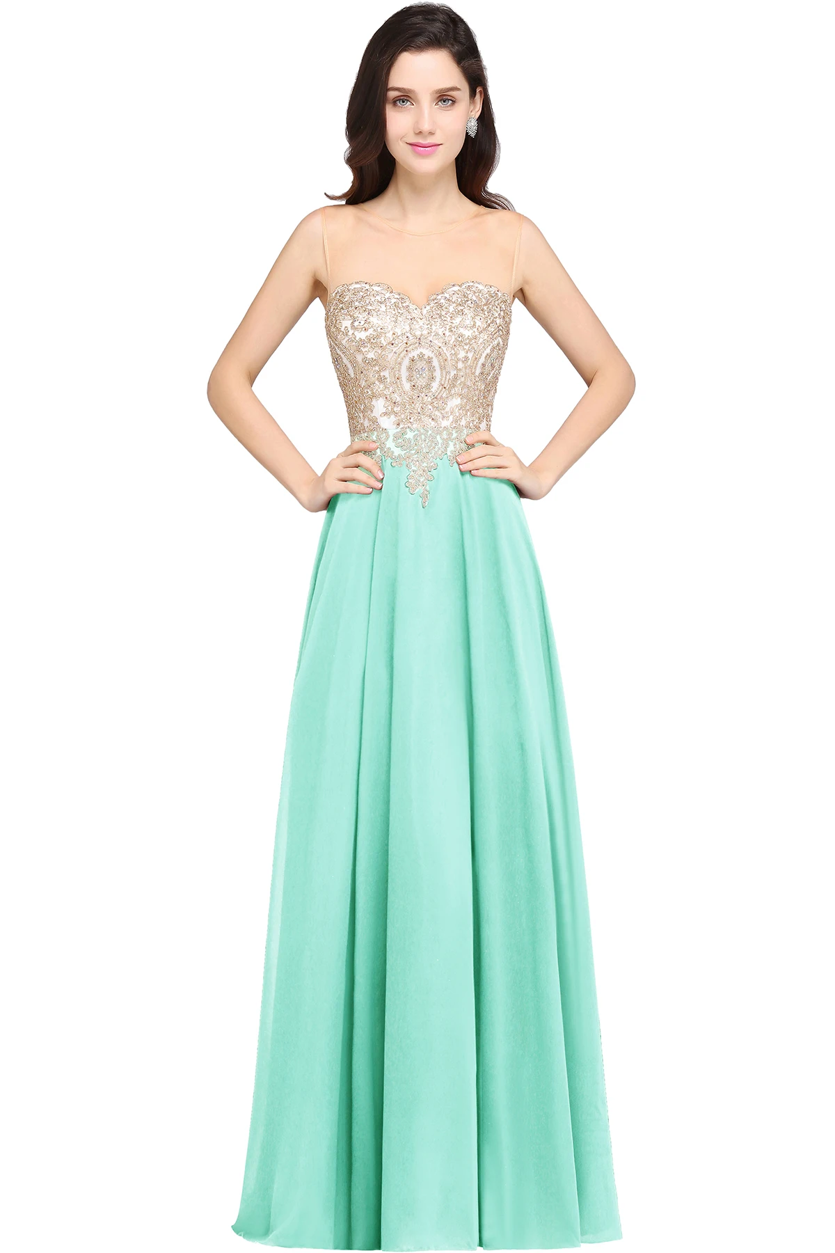 BABYONLINE Mint Green Bridesmaid Dresses Illusion Sweetheart Wedding  Evening Long Elegant Gown Chiffon A Line Summer Prom Party
