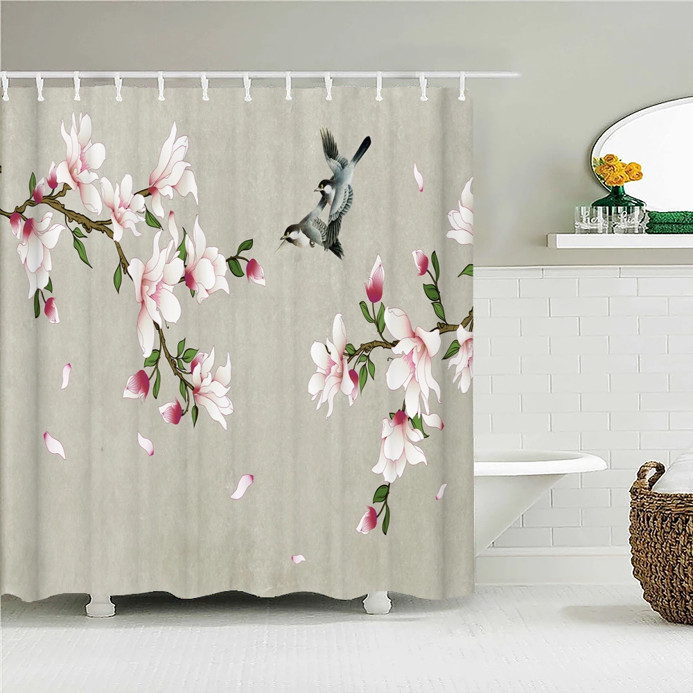 Duschvorhang Mit Blumenmotiv – 180x180 Cm, Wasserdichtes Polyester, Inkl. 12 Haken, Motiv: Vogel & Pflanze