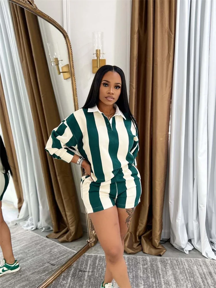 Wmstar Two Piece Set Women Casual  Top and Shorts  Striped Sets New in Summer Clothes Matching Suit Wholesale Dropshipping