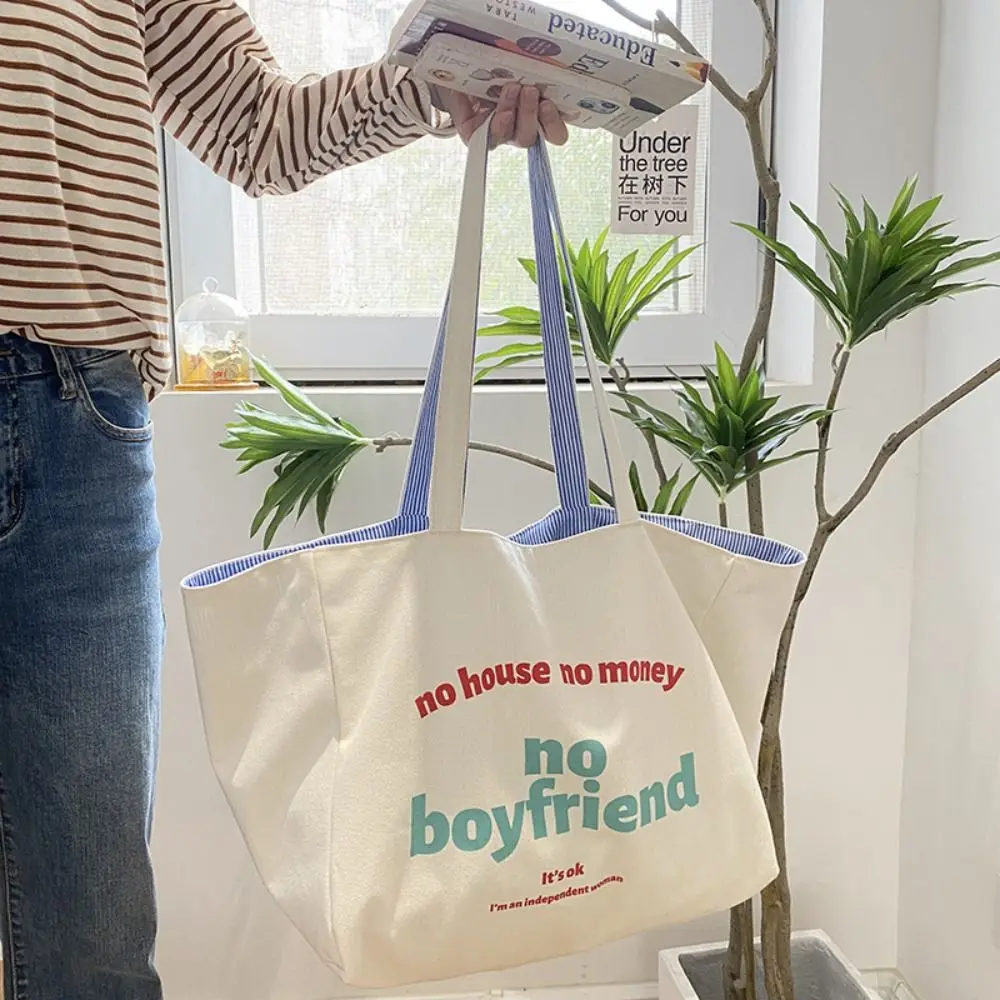 

Korean Style Double Sided Canvas Shoulder Bags Cute Letter Blue Vacation Tote Bag Large Capacity Shopping
