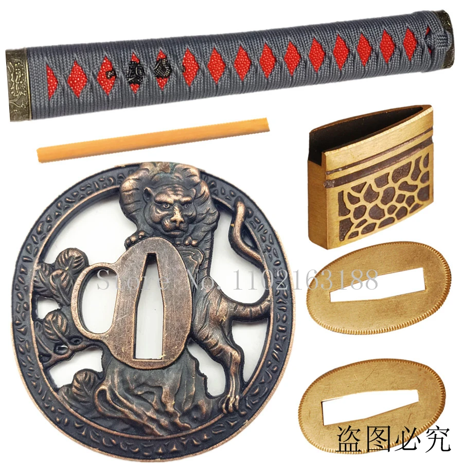 

A Set Alloy Tiger Tsuba Menuki Fuchi Kashira Handle Habaki Seppa For Japanese Samurai Sword Katana/Wakizashi/Tanto Guard Fitting