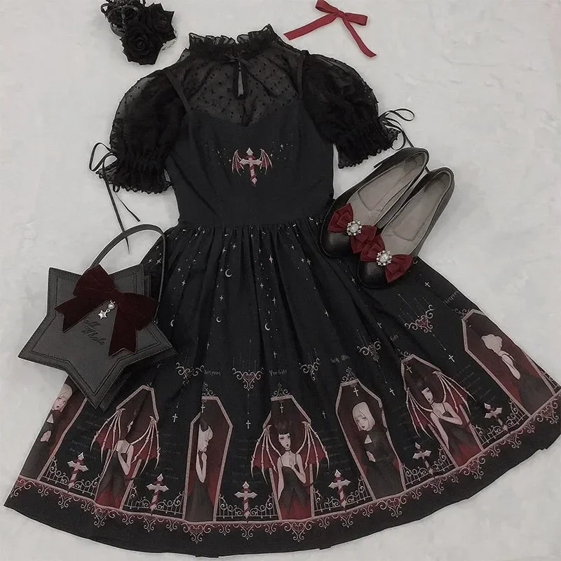 Lolita Suspender Dress Suspender Dress Lolita Dress Dark Gothic Devil Print Black Japanese Style Lolita Jsk Victorian Suspender Dress Loli Sexy Sweet Goth Bandage Dresses