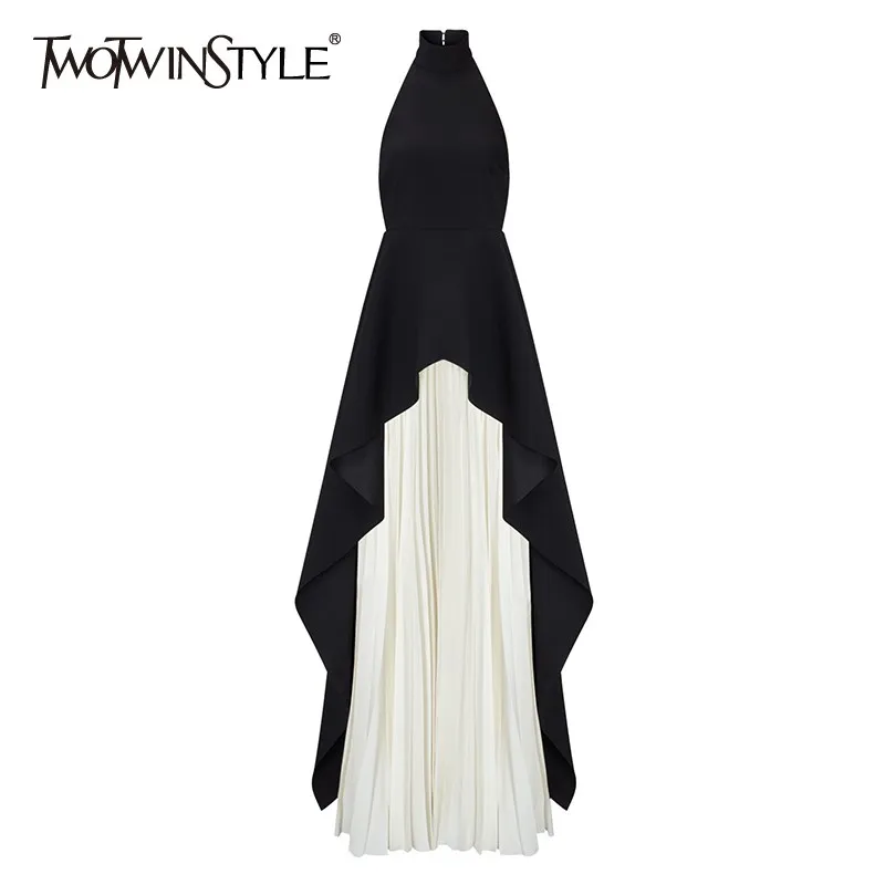 aomei sleeveless wide leg jumpsuits high waist v neck pleated female formal occasion date night dinner event one piece rompers TWOTWINSTYLE Hit Color Two Piece Sets For Women Halter Sleeveless Tops High Waist Minimalist Pleated Skirt Summer Set Female New