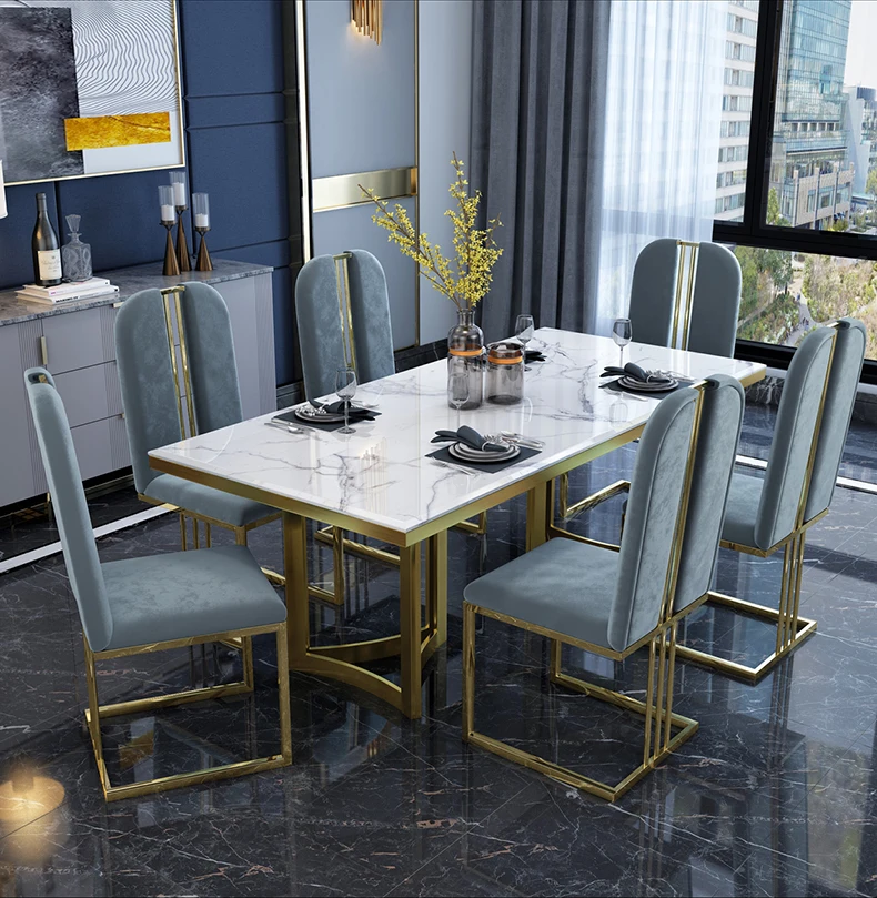Dining Room Sets Stainless Steel Metal Marble Top Luxury Tables and Chairs Set for Apartment Customized