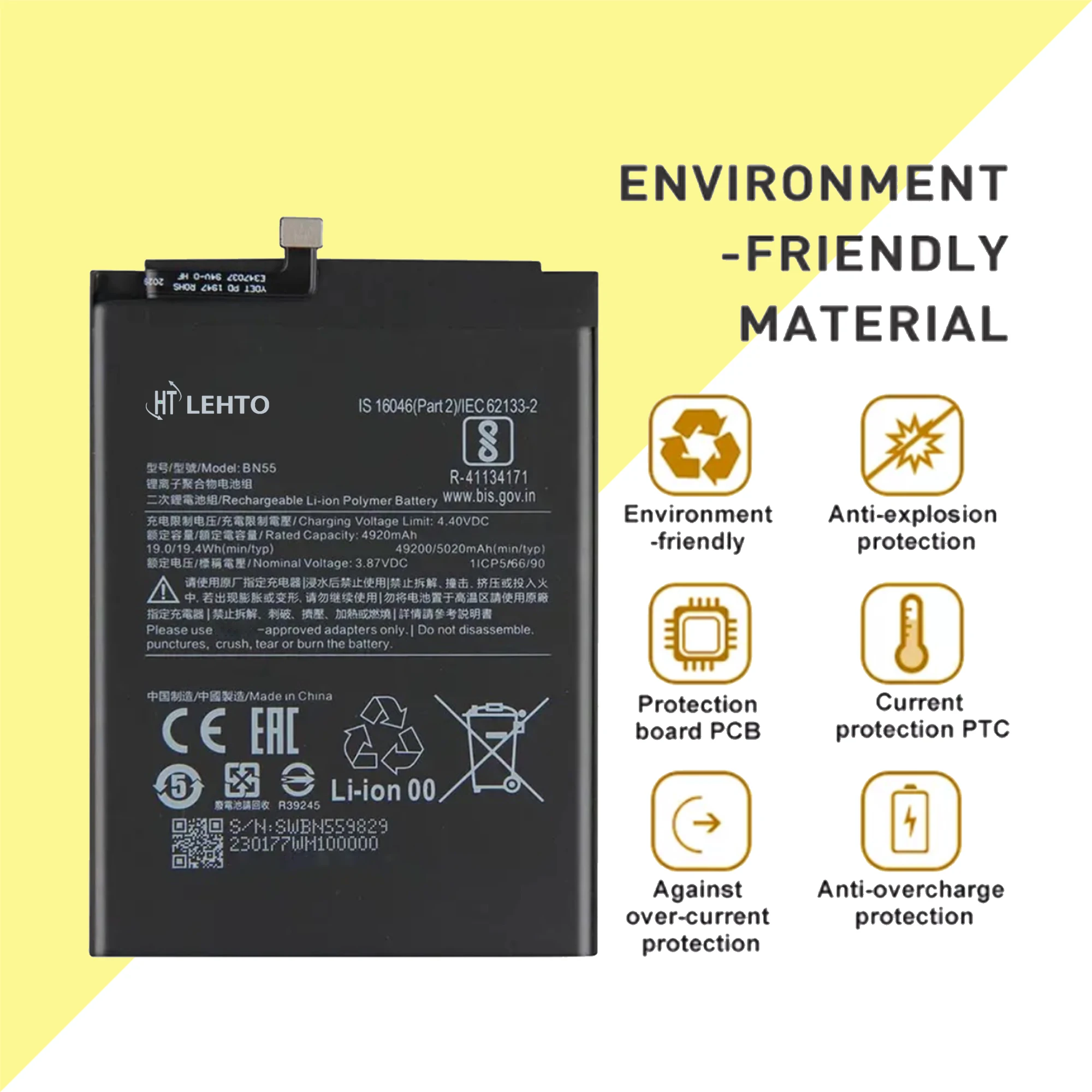 BN55 Battery For Xiaomi Redmi Note9S / Y9S Original Capacity Mobile Phone Replace High Capacity Bateria