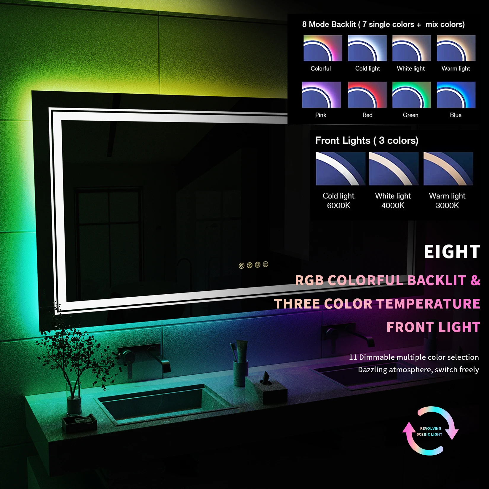 Large Full Size RGB LED Bathroom Mirror with Lights Vanity Wall Mirrors Dimmable Smart Anti-Fog Vertical/Horizontal 5