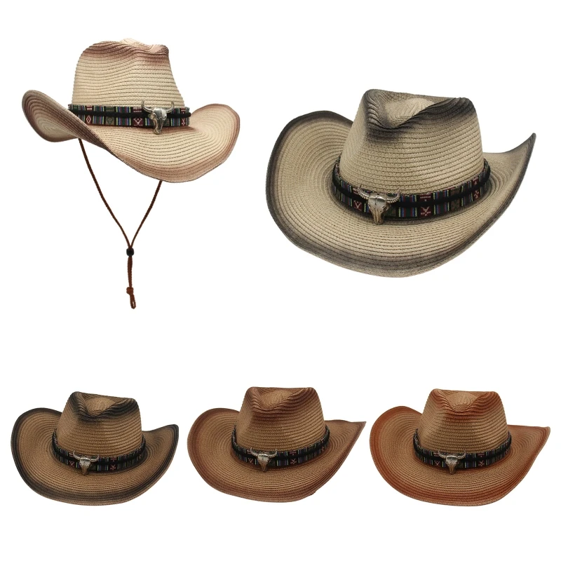 

449B Straw Cowboy Hat Westerns Men Beach Travel Cowgirl Hats Summer Sun Hat Party Props Cowboy Cosplay For Men Party