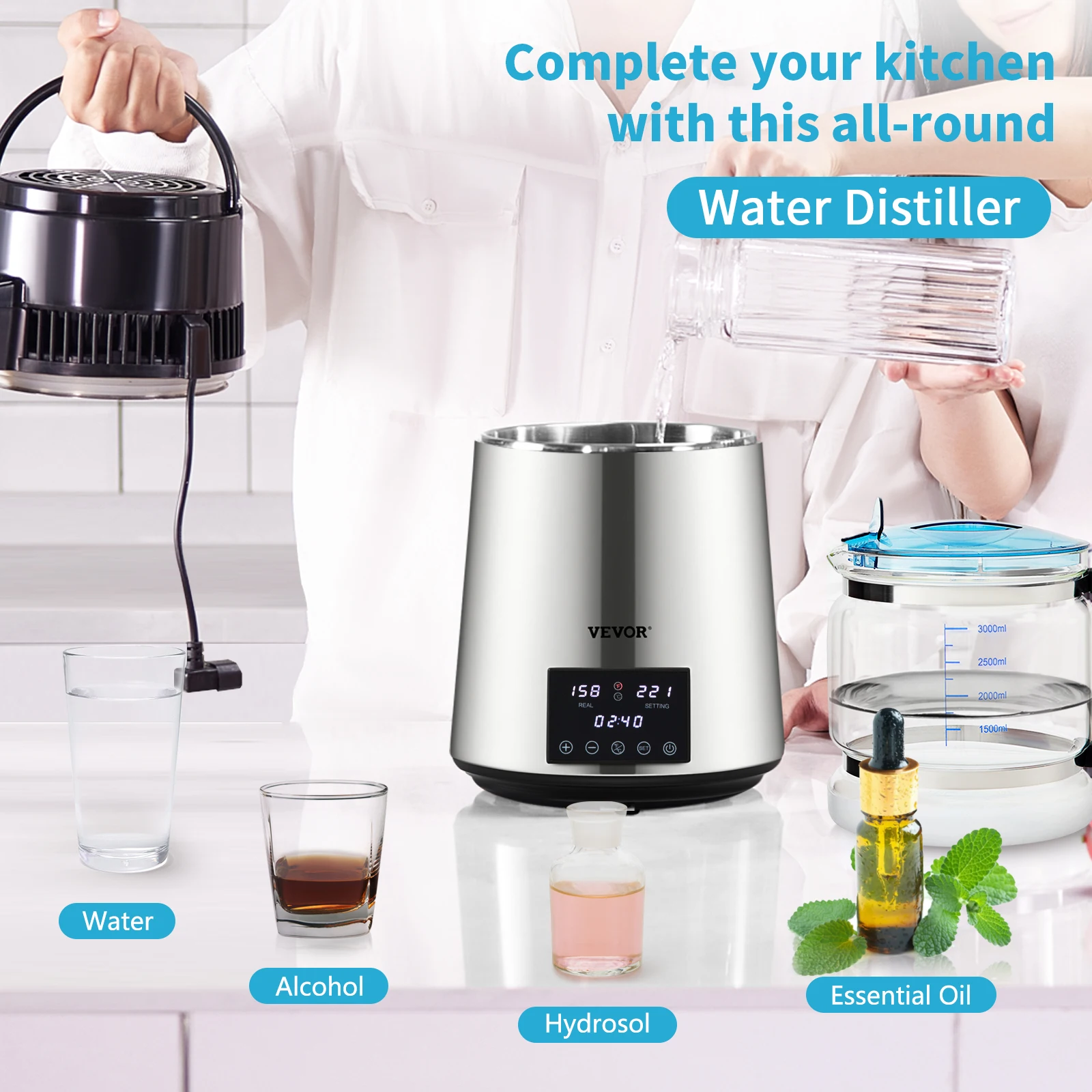VEVOR 1L/H 1.5L/H Distilling Speed 4L Water Distiller Treatmen Purifier Filter Touch Screen Time Setting Home Appliance