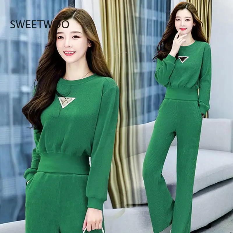 Women's Leisure 2022 Spring Autumn New Bodywear Office Occupation Suit Crop Top Wide Leg Pants Two Piece Set for Women Tracksuit