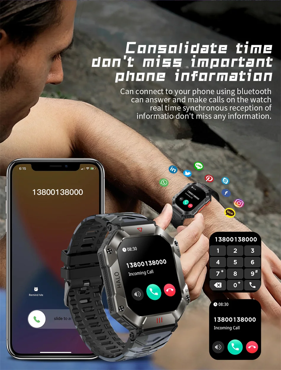 GPS Military Outdoor Smart Watch 2.0 inch 650 mAh Large Battery Watch GPS Motion Track Compass Bluetooth Call Smartwatch_voghion.com