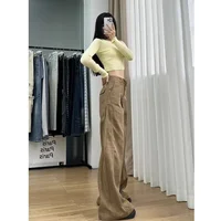 Khaki Wide Leg Straight Tube Jeans Women's Summer High Waist Loose Slimming Flared Pants Long Trousers Workwear Denim