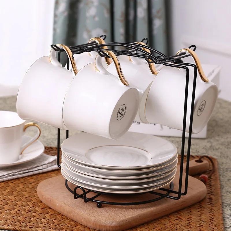 Cup Storage Holder European Style Gold Iron Art Standing Mug Saucer Ceramic Cup Holder Household Counter Bar