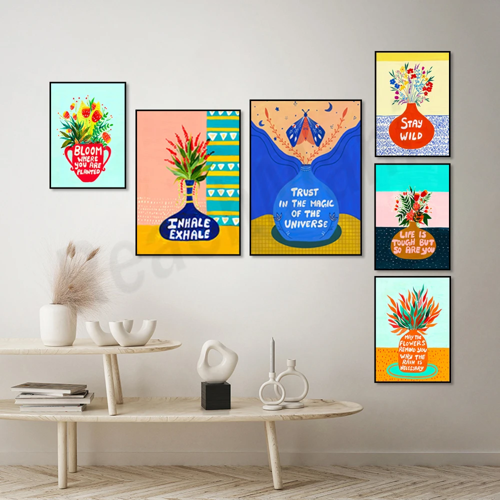 

Stay wild art, wildflowers, colorful flowers, vase print, potted plant, inhale exhale inspirational quote, motivational poster