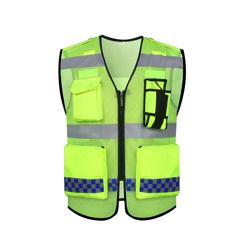 Reflective Safety Vest High Visibility Zippered Work Clothes Fishing Net Multi-Pocket Traffic Construction Night Safety Clothing
