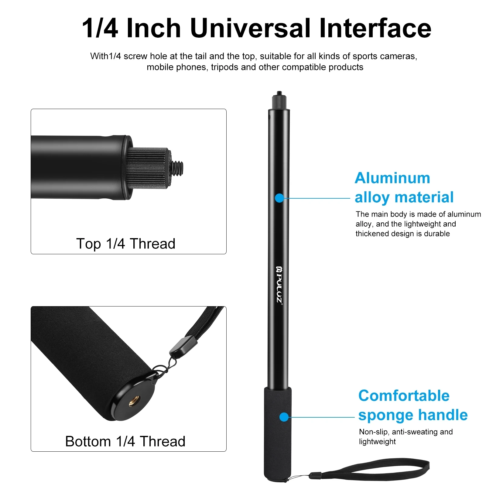 2m Metal Selfie Stick Monopod for Insta360 One RS X2 X3 X4 Action Cameras with 1/4 Screw monopod head
