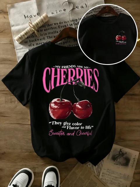 Summer Sweeter Cherries Prints T-Shirts Womens Cotton Oversized T Shirts Basic O-Neck Short Sleeve Tops Casual Woman Clothes 4