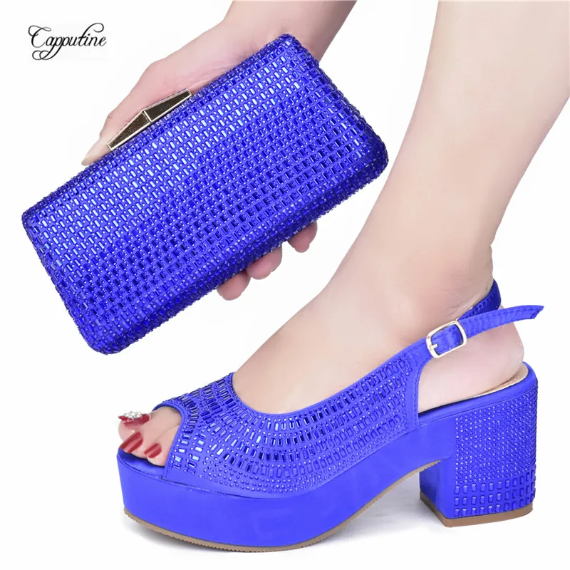 

Blue Women Shoes and Bag Set Fashion African Ladies Platform Sandals Match With Purse Handbag Clutch Pumps Sandales Femmes 628-8