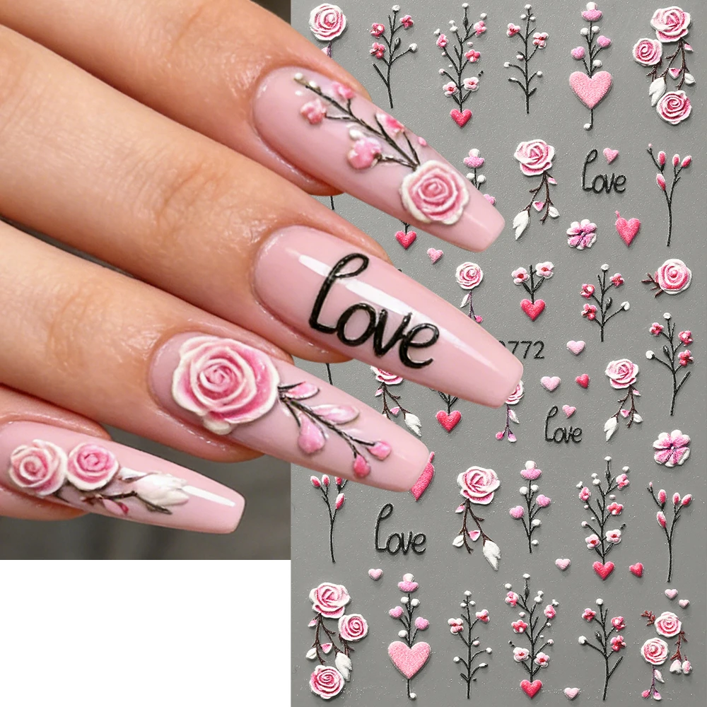 4개입 엠보싱 데이지 스프링 네일 스티커 세트 5D 오렌지 핑크 5잎 꽃 네일 아트 데칼 셀프 접착 귀여운 매니큐어 슬라이더