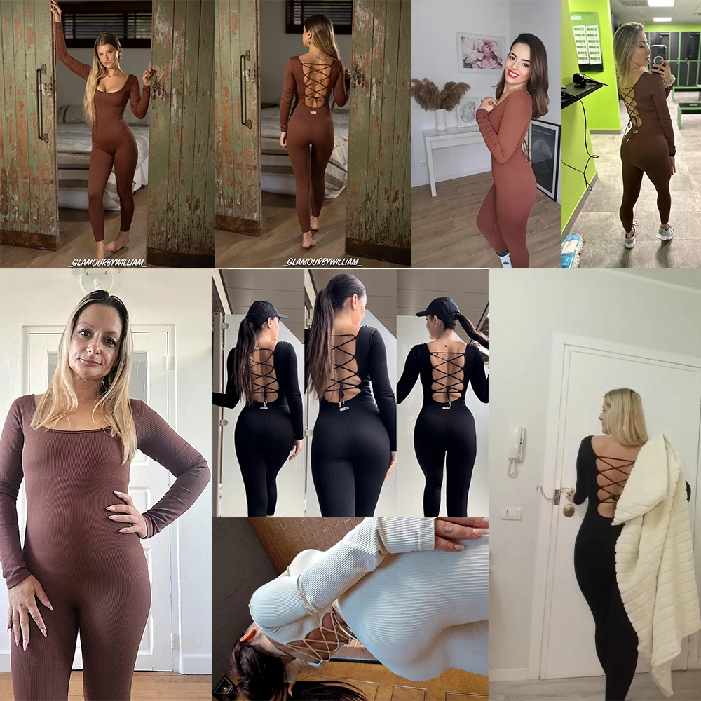 Women's One-piece Jumpsuits Long-Sleeved Overalls Sportswear Gym Clothings High Elastic Cycling Bodybuilding Bodysuit Women