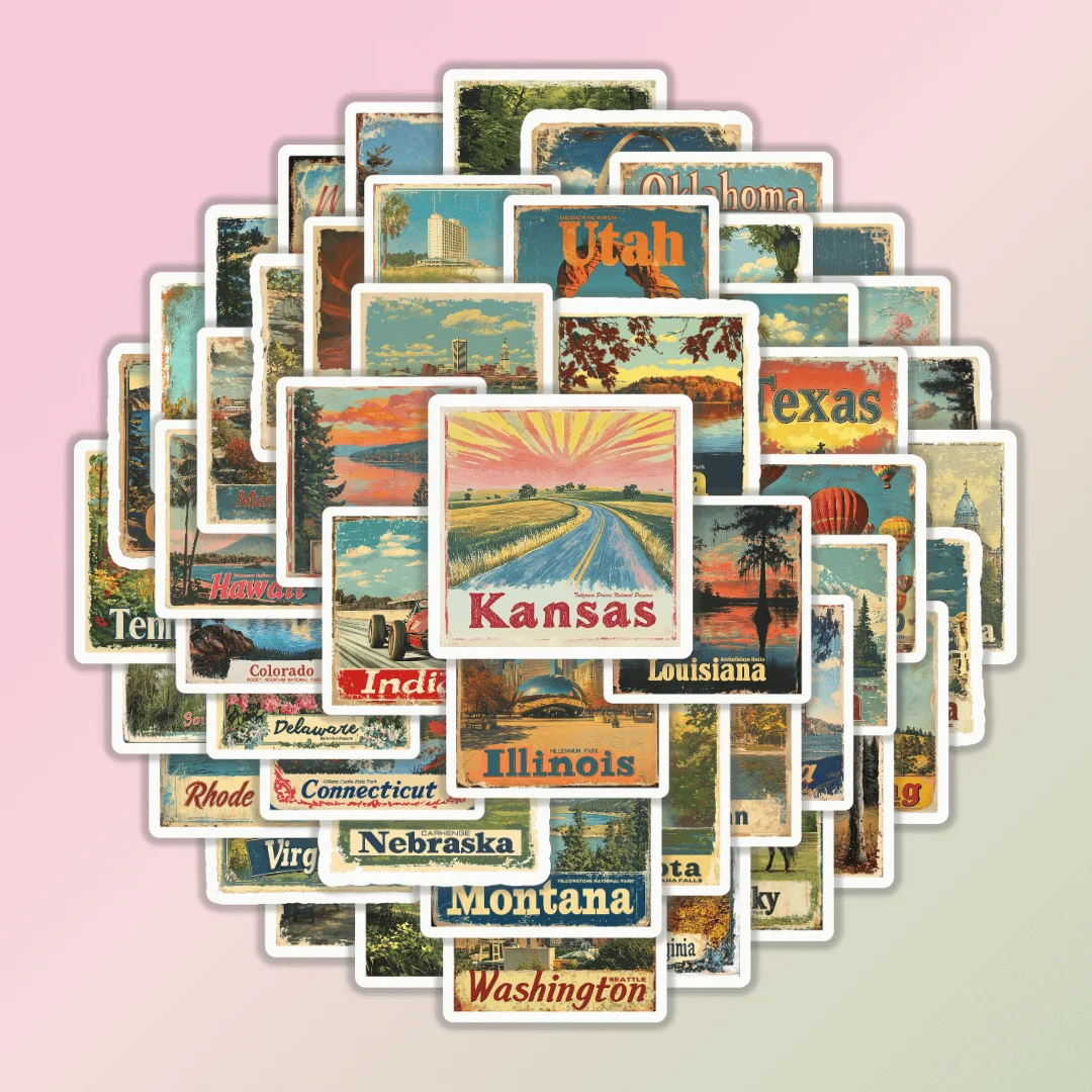 50pcs USA State Retro Travel Map Stickers, Durable Self-Adhesive for ...