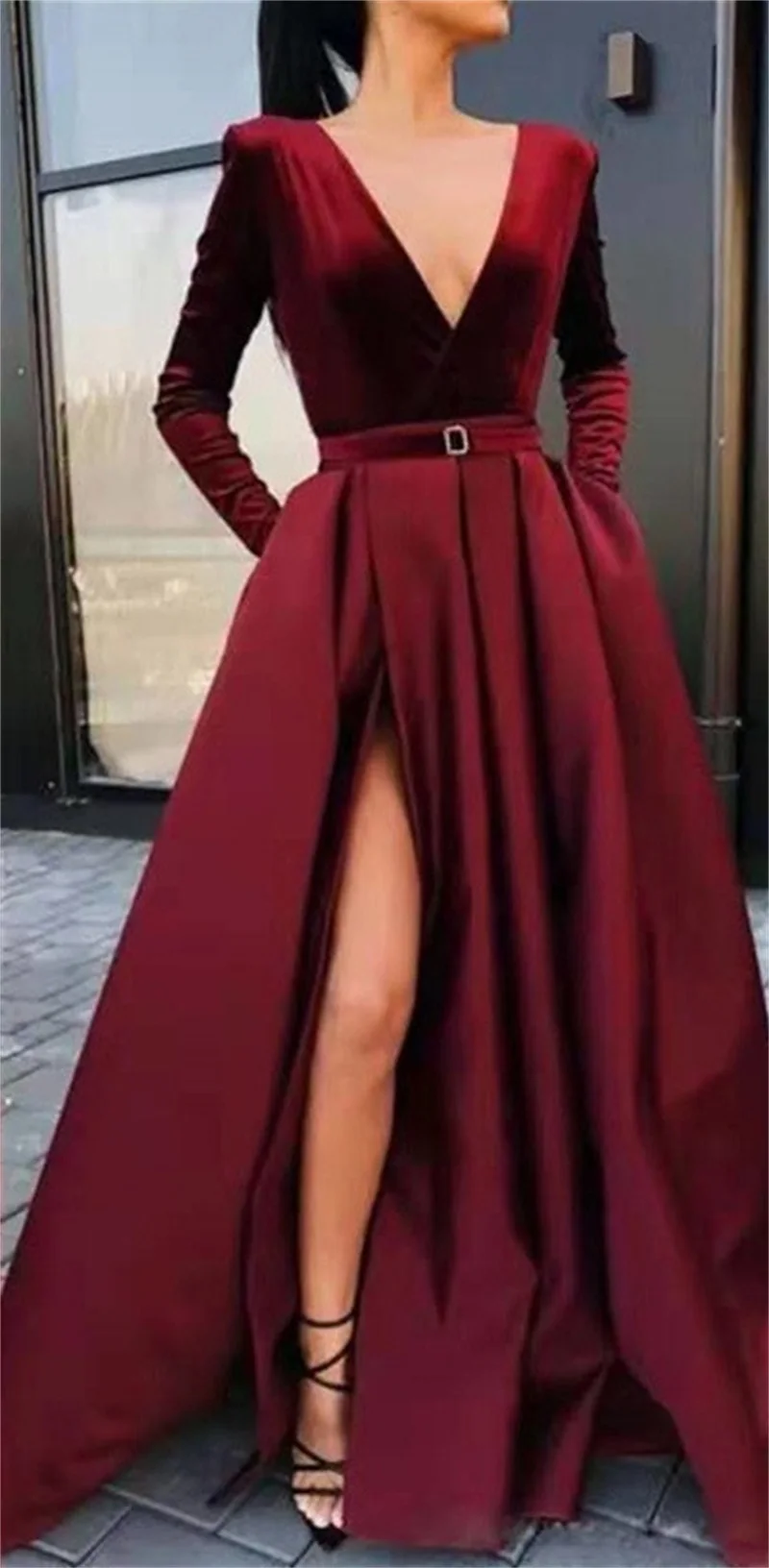 

High Split Deep-V Neck Women Prom Dress Large Skirt Hem Waistband Party Gown Gorgeous Wine Red Evening Dress New Design In Stock