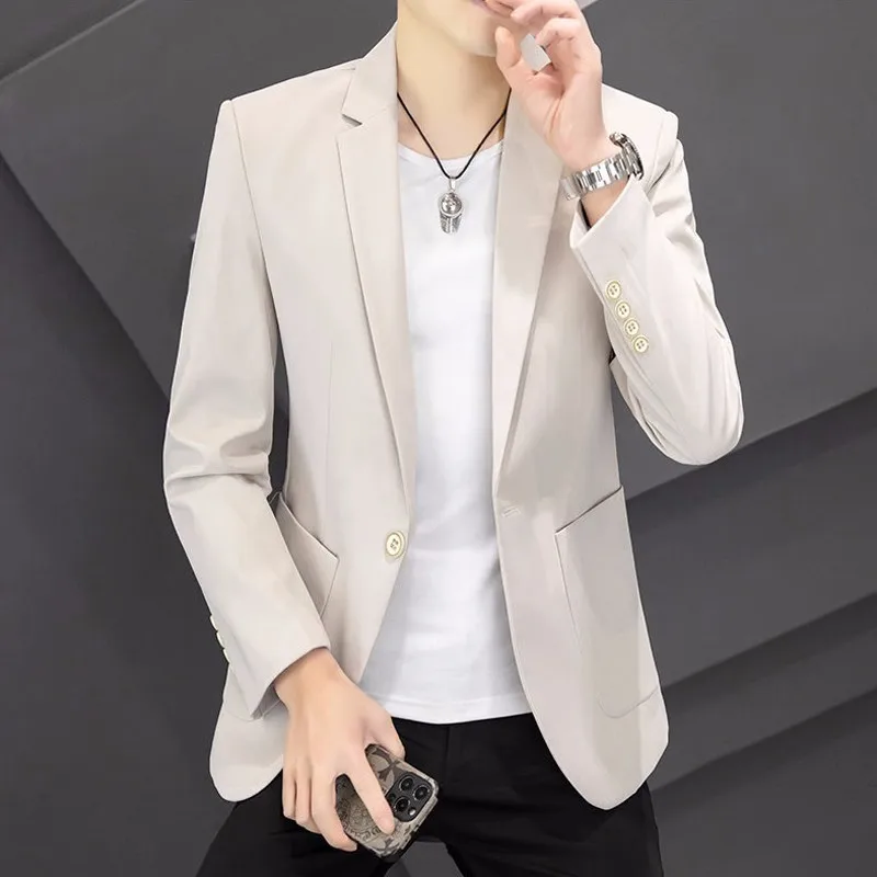 

Blazers Men Jacket Spring Autumn Korean Slim Single Buckle Suit Coat Solid Color Casual Tops Fashion Long Sleeves Pocket Outwear