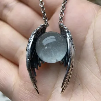 Punk Retro Sliver Color Ghost Wings Round Smooth Ice Crack Crystal Pendant Necklace for Women Personality Jewelry Accessory Gift 1