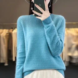 Seamless Readymade Garment 100% Pure Woolen Sweater Women's Round Neck Long Sleeve Pullover Knitted Autumn/Winter Stripe Sweater