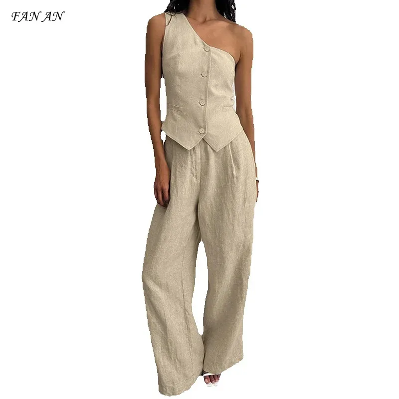 Spring and Summer New Cotton and Linen Sleeveless Waistcoat Irregular Collar Set 2024 Fashion Women's Two-piece Women's Set