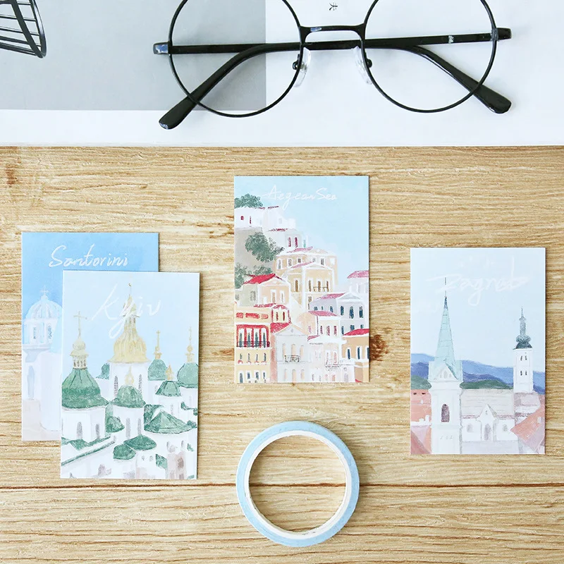 애프터 더 선셋 시리즈 로모 카드, 손으로 그린 세계 건축 미니 엽서, 메시지 카드, 크리스마스 선물, 28 매 세트