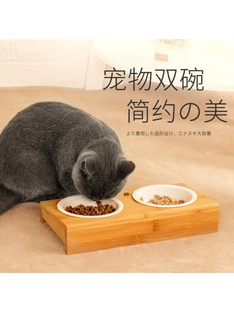 

Pet Bowl Pet Double Bowl Bamboo Rack Pet Ceramic Bowl Cat Drinking Cat Health Dog Ceramic Bowl Cat Bowl Double Bowl