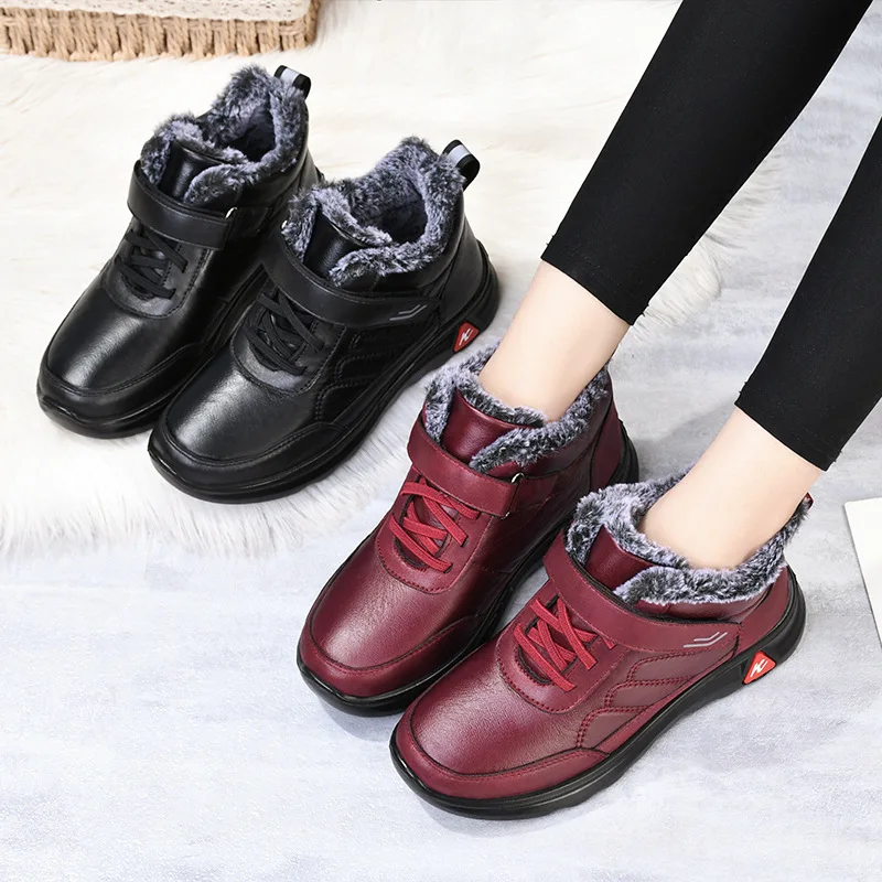 High quality ankle snow leather boots for men thickening new 2023 winter casual plush warm shoe - black brown